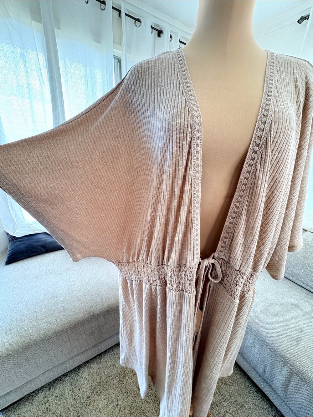 NWT Light Beige Open-Front Boho Knit Cardigan with Tie Waist Lace Embroidery XXL - Picture 6 of 7